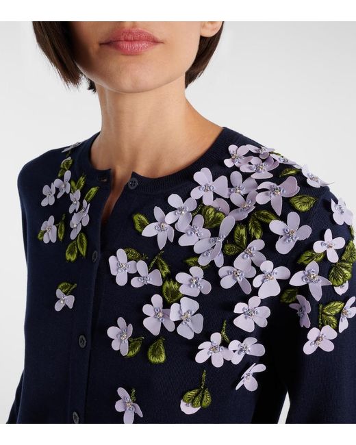 Carolina Herrera Blue Embroidered Silk And Cotton Cardigan