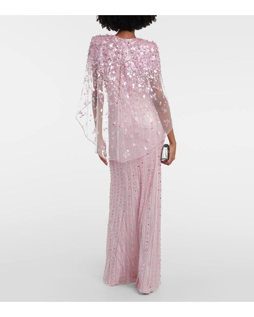 Jenny Packham Pink Nettie Beaded Tulle Cape Gown