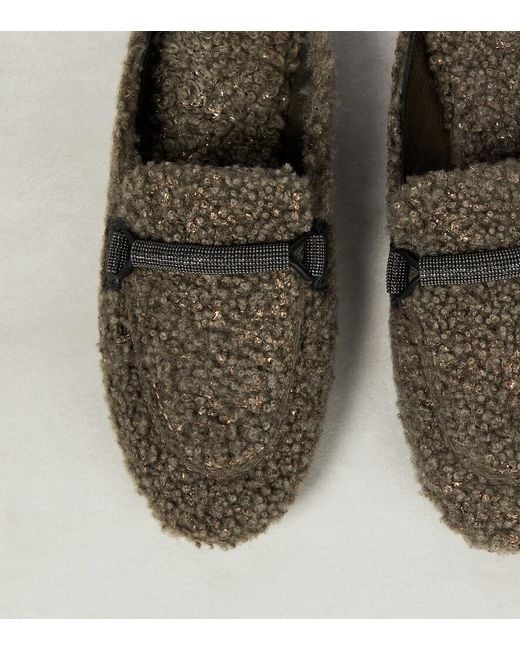 Brunello Cucinelli Brown Embellished Shearling Slippers
