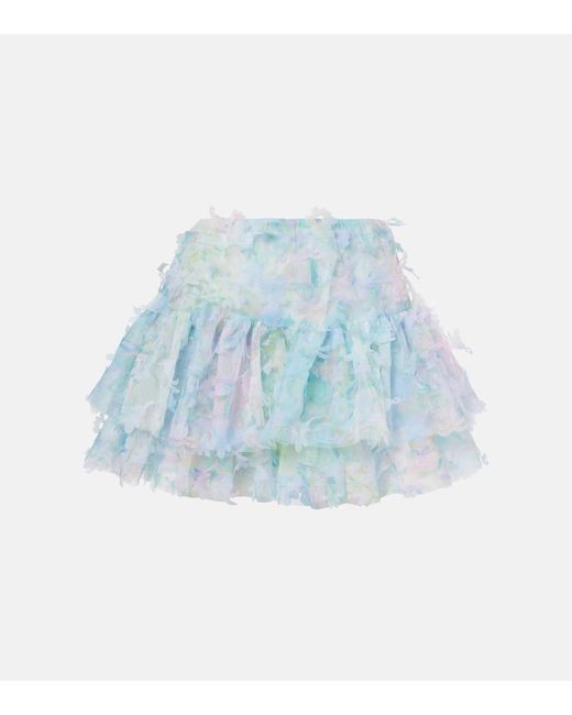 SUSAN FANG Blue Floral-Applique Tiered Tulle Miniskirt