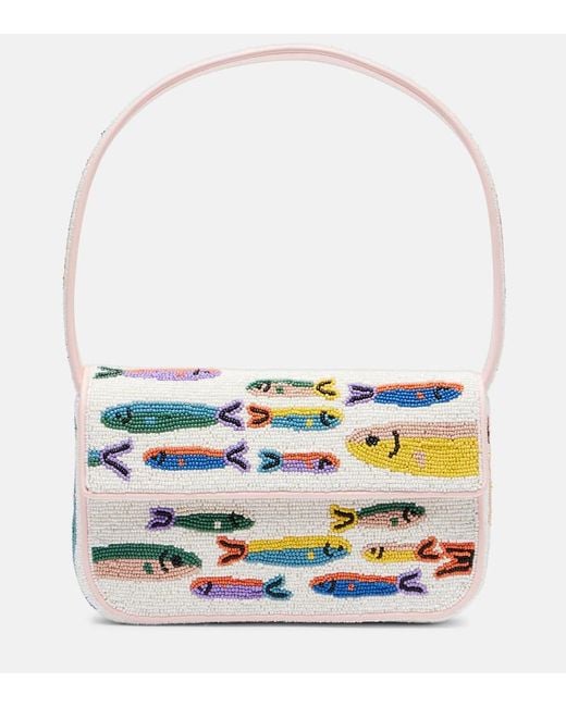 Staud White Tommy Beaded Shoulder Bag