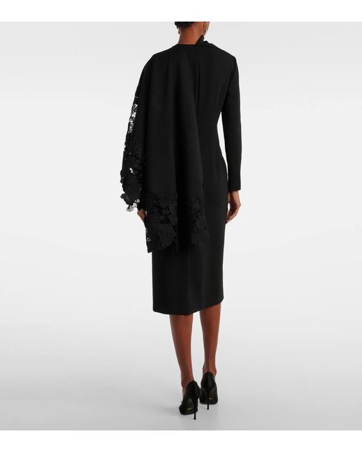 Oscar de la Renta Black Floral Guipure Wool Midi Dress