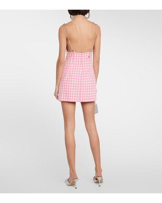 Area Pink Checked Crystal-trimmed Wool-blend Minidress