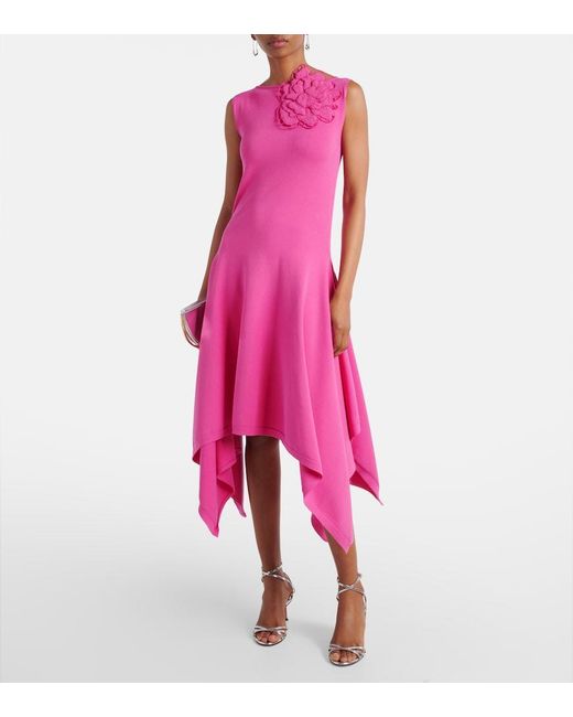 Oscar de la Renta Pink Floral-Applique Asymmetric Cocktail Dress