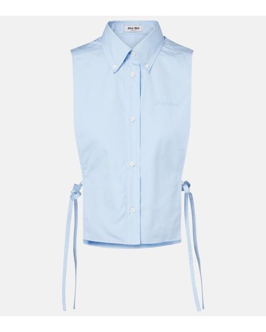 Miu Miu Blue Cutout Cropped Cotton Poplin Shirt