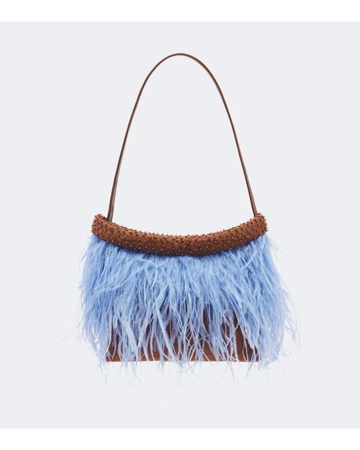 Staud Blue Winslow Feather-Trimmed Shoulder Bag