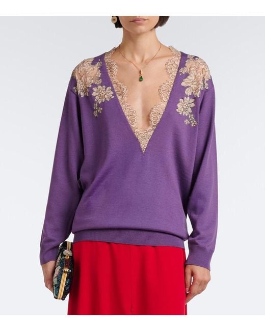 Valentino Purple Lace-Trimmed Virgin Wool Sweater