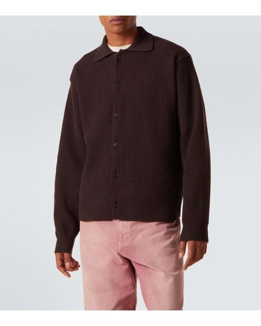 Auralee Brown Ribbed-Knit Wool Cardigan for men