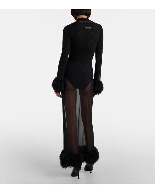 MARINE SERRE Gray Faux Feather-Trimmed Mesh Maxi Dress