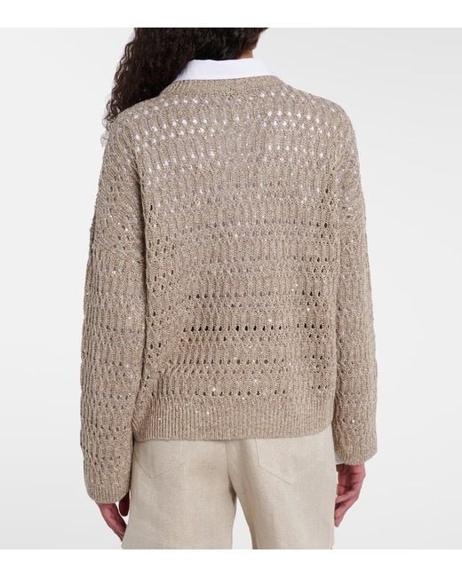 Brunello Cucinelli Brown Sequined Linen-Blend Sweater