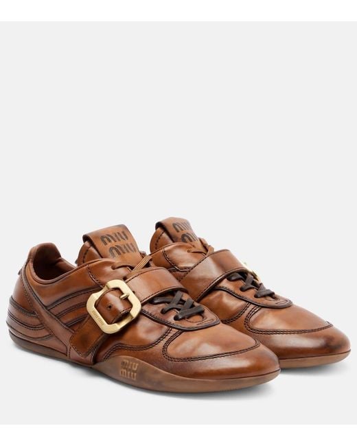 Miu Miu Brown Logo Leather Sneakers