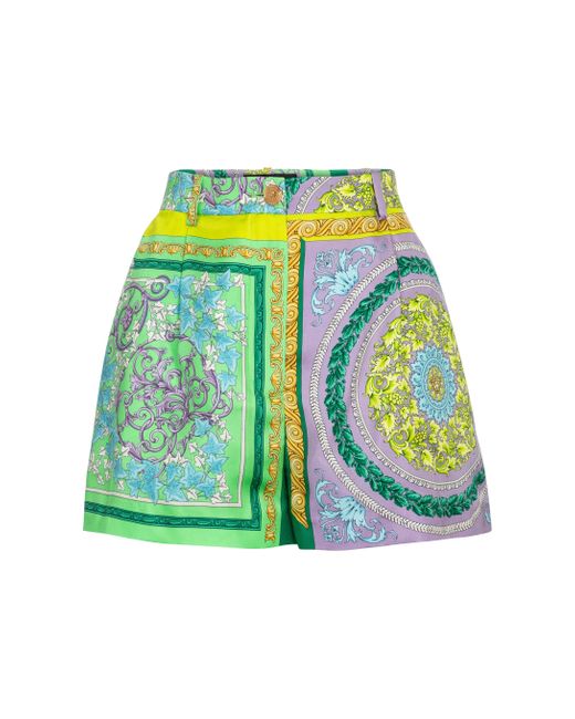 Versace Green Barocco Mosaic Printed Silk Shorts