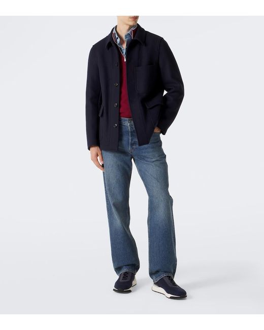 Santoni Blue Leather-Trimmed Knitted Sneakers for men