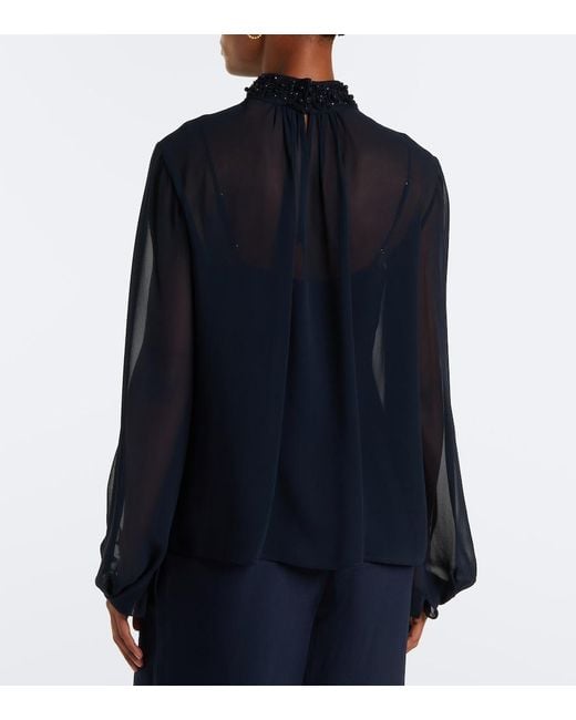 Max Mara Blue Embellished Sheer Blouse