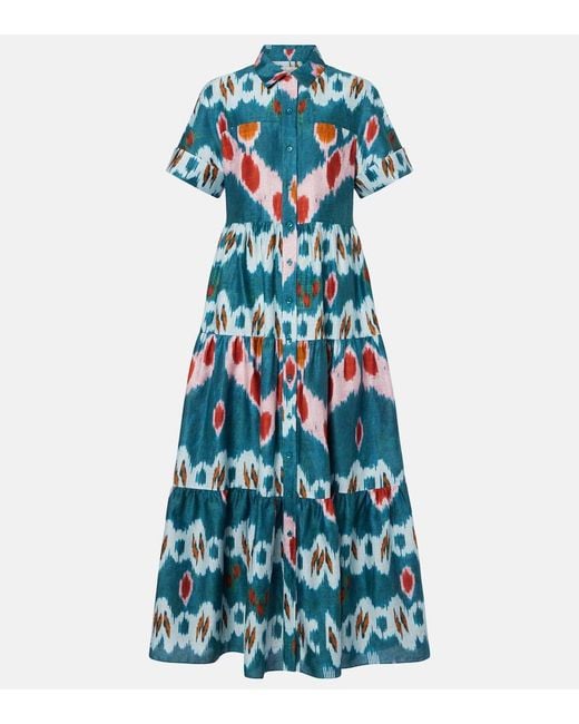 Erdem Blue Printed Tiered Cotton Shirt Dress