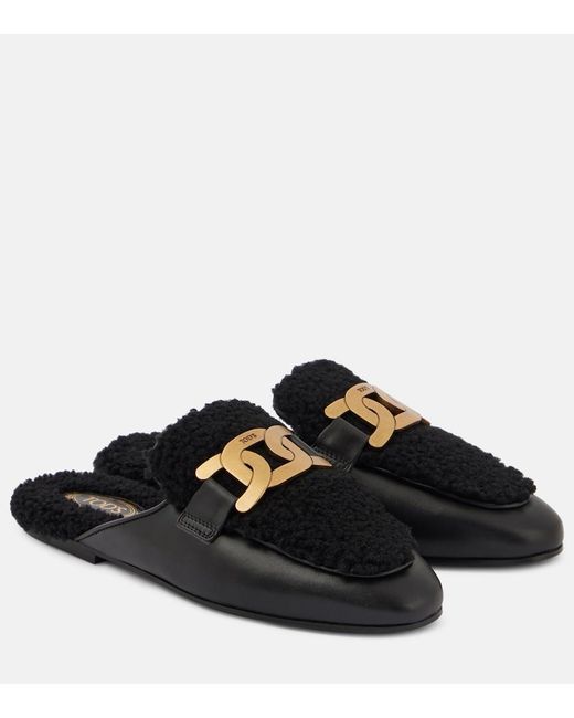 Tod's Black Catena Kate Shearling And Leather Mules