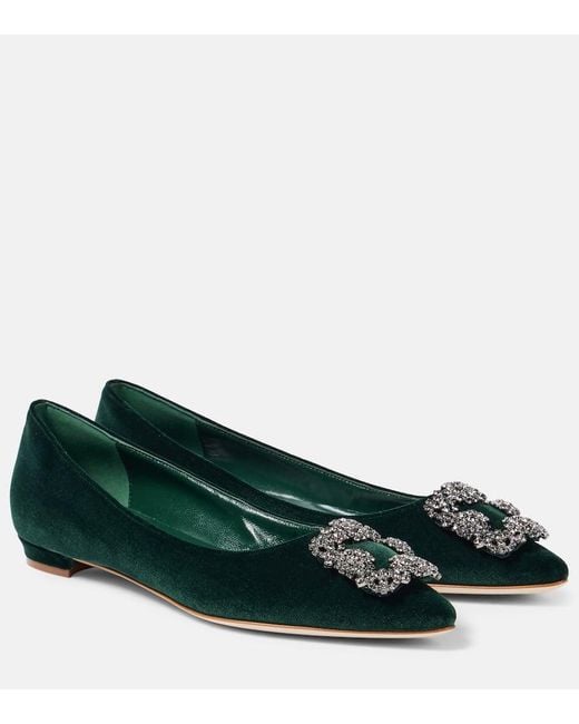 Manolo Blahnik Green Hangisi Embellished Velvet Ballet Flats