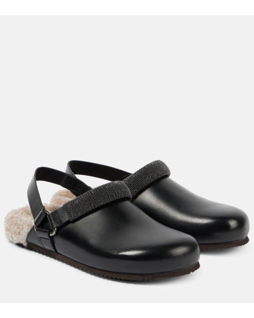 Brunello Cucinelli Black Monili Shearling-Lined Leather Clogs