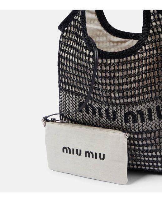 Miu Miu Black Logo Leather-trimmed Crochet Tote Bag