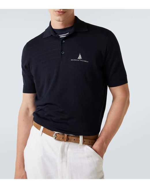 Polo En Soie Et Coton A Logo Brunello Cucinelli pour homme en coloris Blue