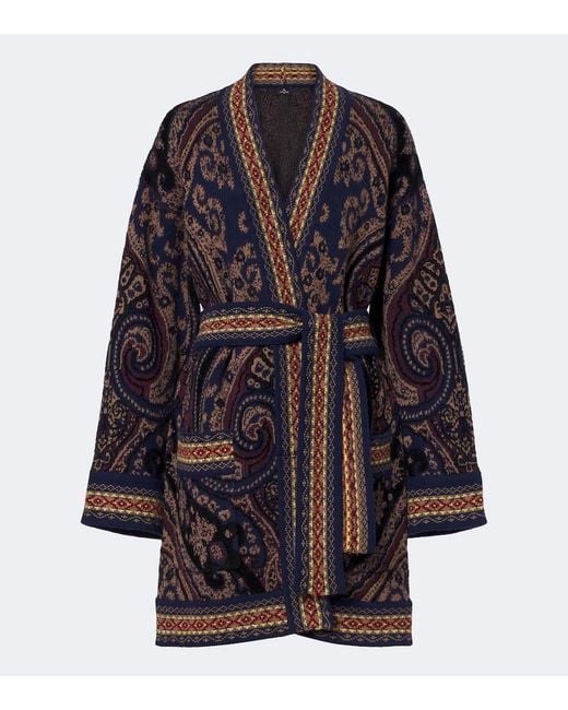 Etro Blue Jacquard Wool-Blend Wrap Cardigan