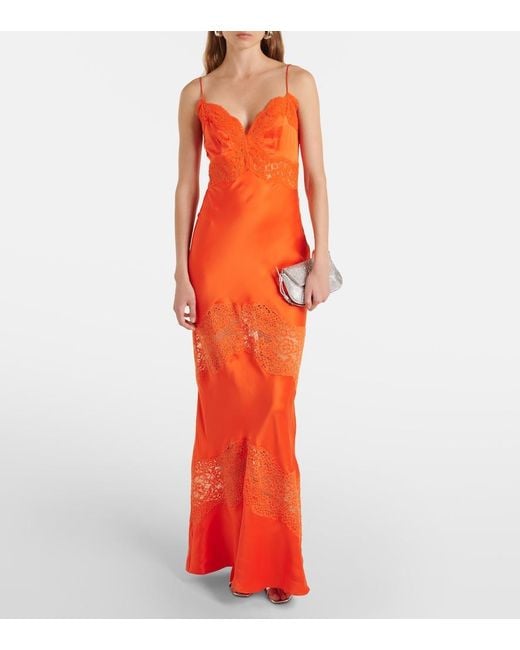 Rebecca Vallance Orange Adira Lace-Trimmed Silk Satin Slip Dress