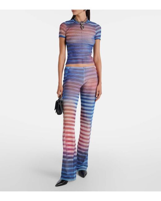 Jean Paul Gaultier Blue Printed Striped Mesh Flared Pants