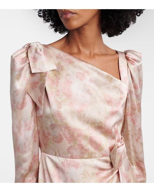 Alessandra Rich Natural Bow-Detail Floral Silk Satin Midi Dress
