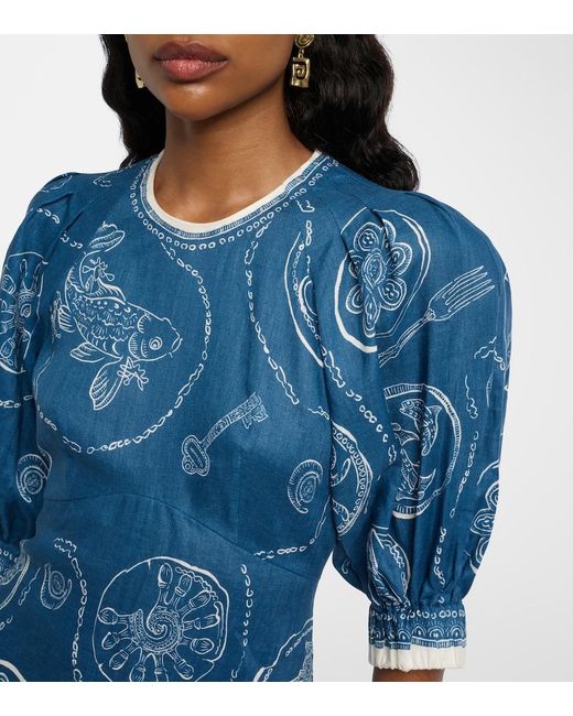ALÉMAIS Blue Lucky Printed Linen Midi Dress
