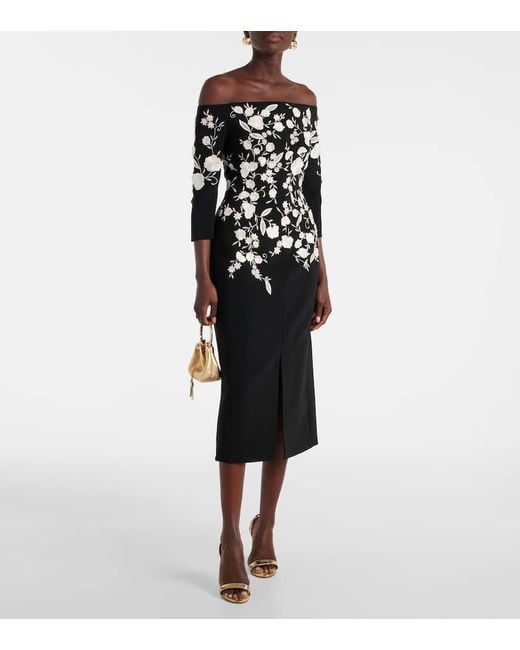Carolina Herrera Black Embroidered Off-Shoulder Midi Dress