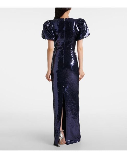 Rebecca Vallance Blue Cressida Puff-Sleve Sequined Gown