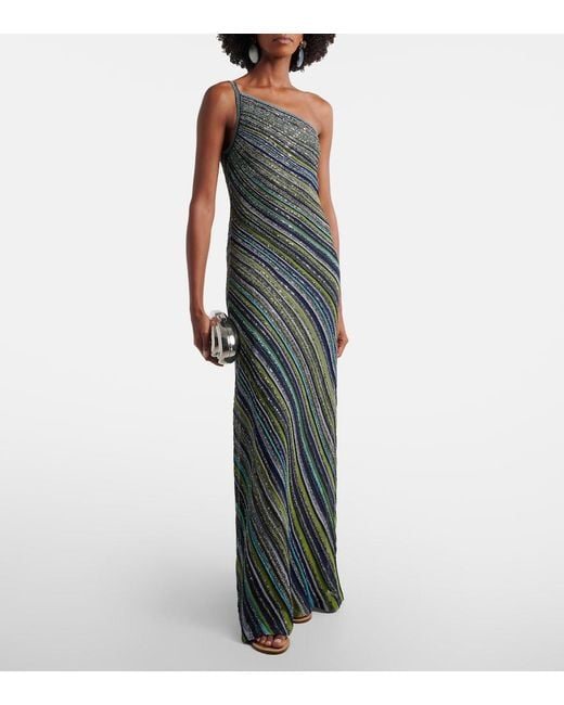 Missoni Green Sequined One-Shoulder Lame Maxi Dress