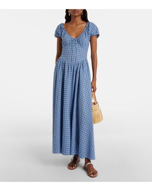 Faithfull The Brand Blue Edessa Checked Cotton Maxi Dress
