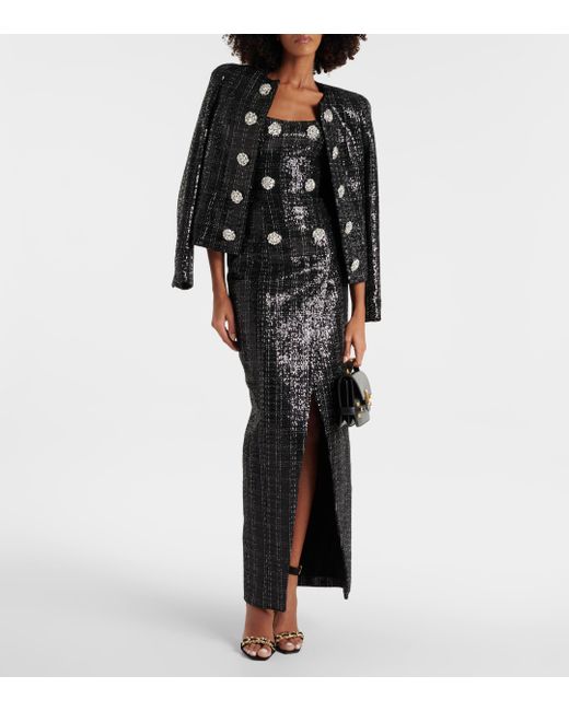 Balmain Black Strapless Embellished Sequined Metallic Tweed Gown