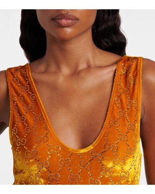 Gucci Orange Gg Embellished Velvet Bodysuit