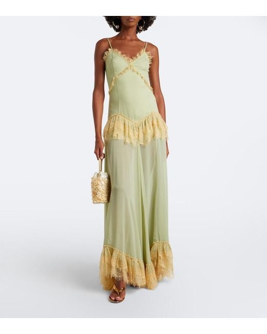 De La Vali Green Estela Lace-Trimmed Georgette Maxi Dress