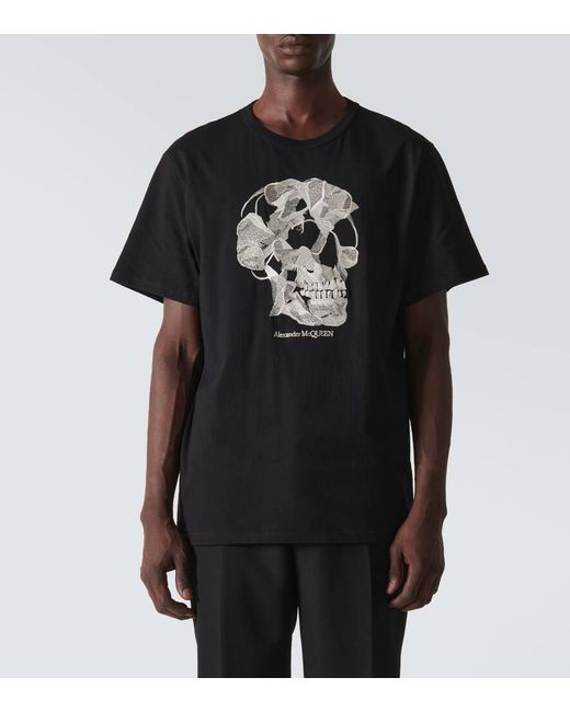 Alexander McQueen Besticktes T-Shirt Skull aus Baumwoll-Jersey in Black für Herren