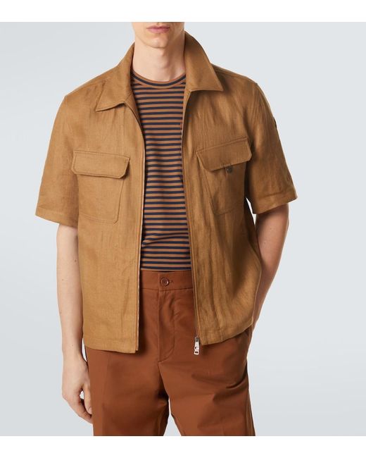 Moncler Brown Linen Twill Zip-Up Shirt for men
