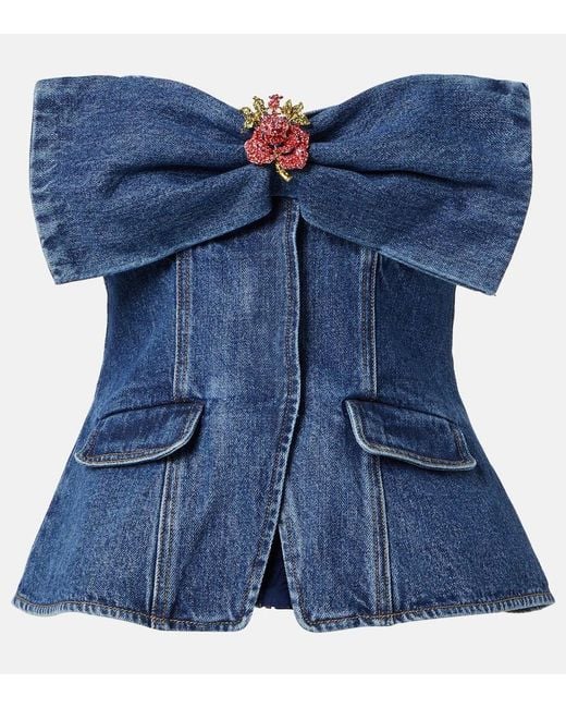 Self-Portrait Blue Verziertes Top Aus Denim
