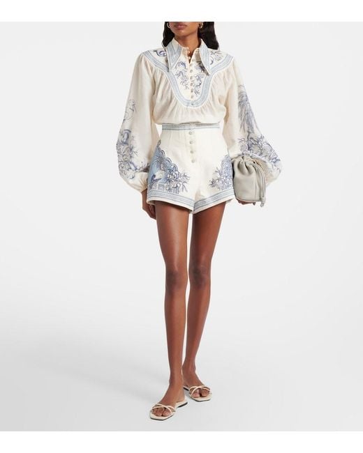 ALÉMAIS Blue Villa Romantica Printed Linen Bermuda Shorts