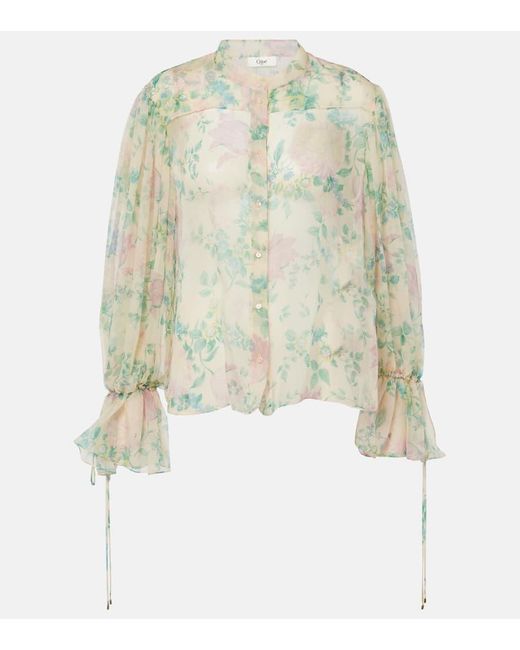 Chloé Multicolor Bluse Aus Transparentem Seidenmusselin Mit Pfingstrosenmotiv