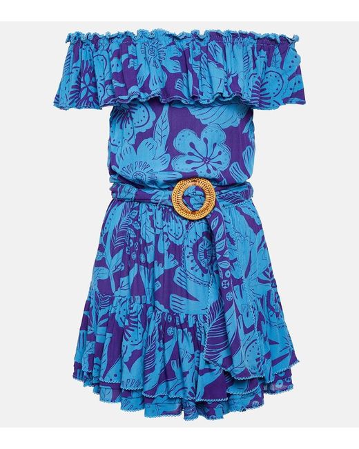 Poupette Blue Bella Printed Off-Shoulder Minidress