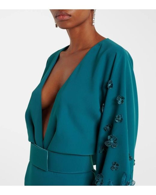 Costarellos Blue Lace-Trimmed Draped Midi Dress