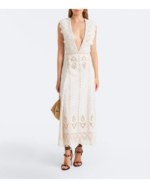 Johanna Ortiz White Embroidered Crochet Midi Dress