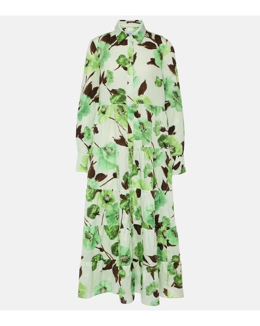 Erdem Green Floral-Print Cotton Midi Shirt Dress