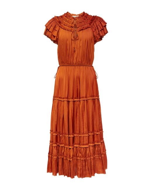 Ulla Johnson Isadora Pleated Satin Midi Dress in Orange | Lyst UK