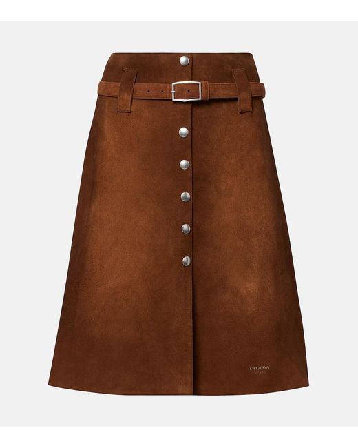 Prada Brown Belted Suede Midi Skirt