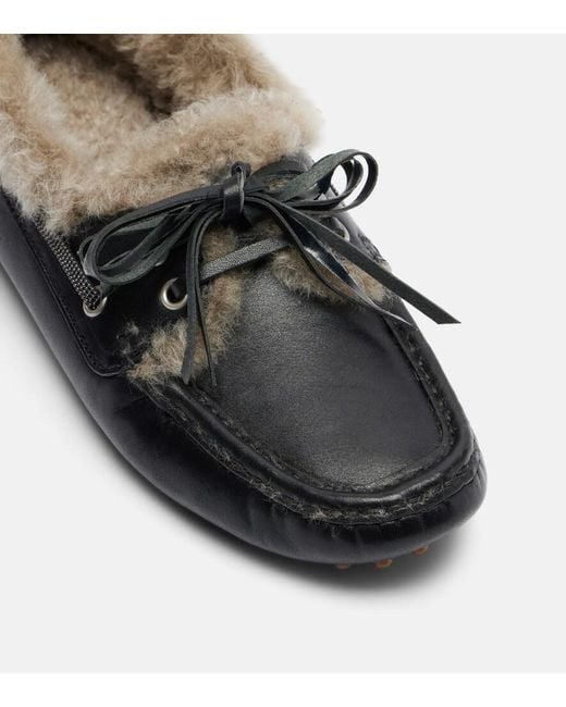 Brunello Cucinelli Black Monili Shearling Boat Shoes