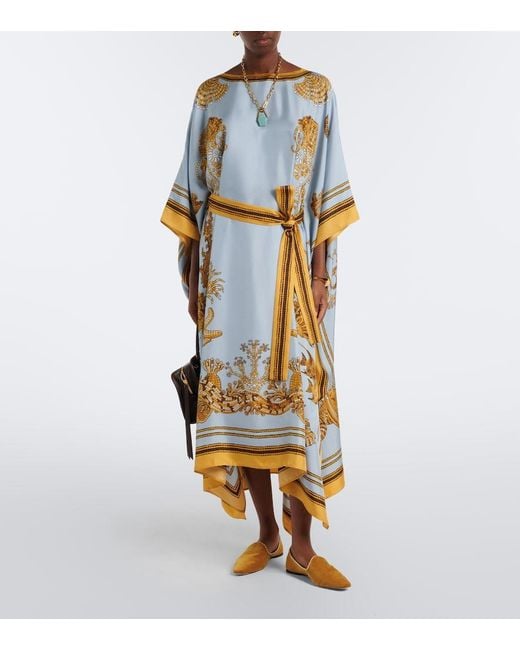 LaDoubleJ Blue Square Printed Silk Twill Kaftan