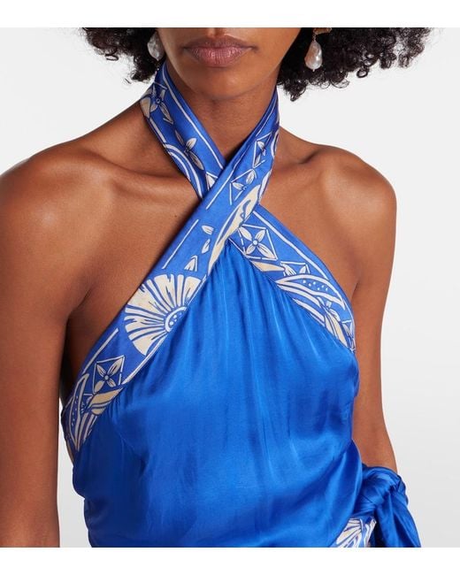 Poupette Blue Hana Floral Halterneck Satin Midi Dress